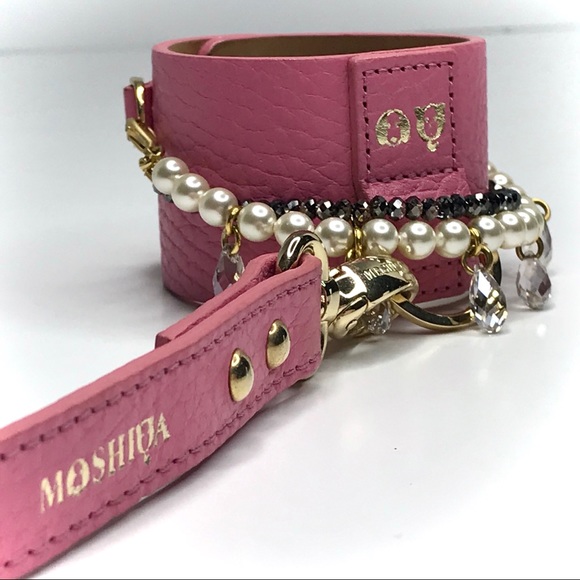MOSHIQA Pink Leather Pearl Bracelet Dog Leash Crystal Cuff Luxury Pet Frenchie - Picture 3 of 15